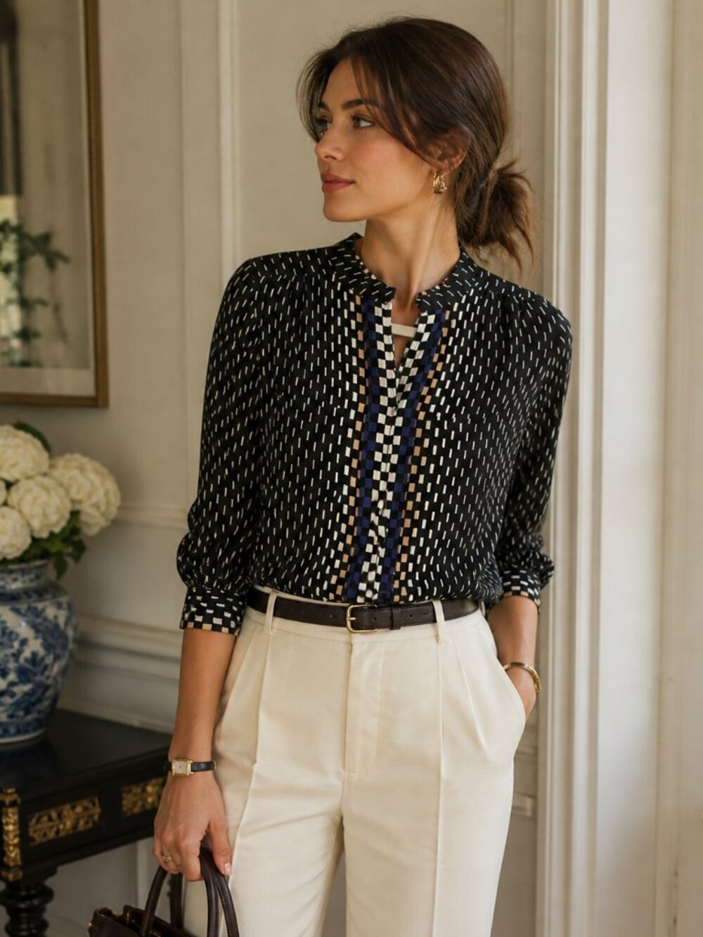 Parker 100% Silk Blouse Black Geometric Print Size S Lightweight Designer Top